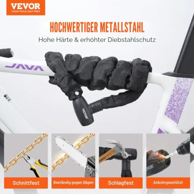 VEVOR Fahrradkettenschloss, 1,2 m langes Kombinationsschloss mit 4 Schlüsseln, 8 mm, hochsicher und vielseitig einsetzbar für Fahrrad, Motorrad und mehr, schwarz – Bild 2