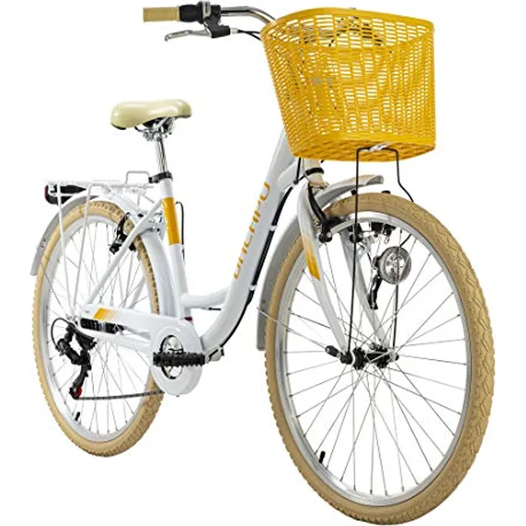 KS Cycling Damenfahrrad 26'' Cantaloupe weiß mit Korb Dacapo RH 48 cm, 6-Gang-Kettenschaltung, trendiges Design
