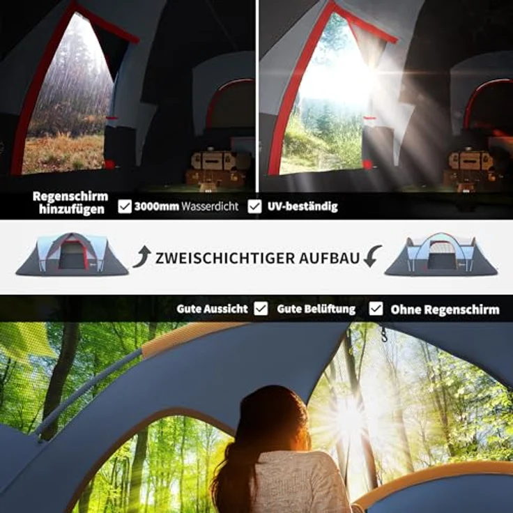 Outsunny Campingzelt für 5-6 Personen stabil wasserdicht Familienzelt mit Eingang Fenster Packtasche, Tunnelzelt Kuppelzelt für Camping Reise Garten, Hellgrau – Bild 3