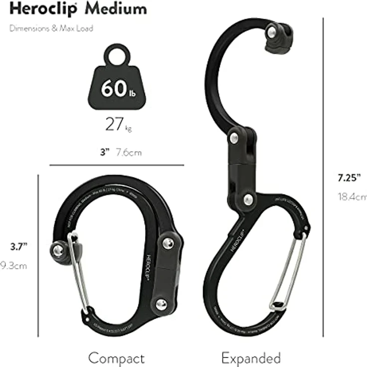 HEROCLIP Karabiner Medium, drehbarer Doppelkarabiner mit 360° Drehgelenk, leicht und robust für Kinderwagen, Handtasche & Rucksack - ideal für Camping, Angeln und Wandern, hält bis zu 27 kg – Bild 5