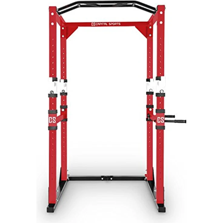 CAPITAL SPORTS Tremendour Power Rack Käfig - Squat Rack Kraftstation, 2 x Safety Spotter: 20-stufig, 4 x J-Hooks, Multigripp-Klimmzugstange, aufsteckbare Dipstangen, Half Rack, rot – Bild 2