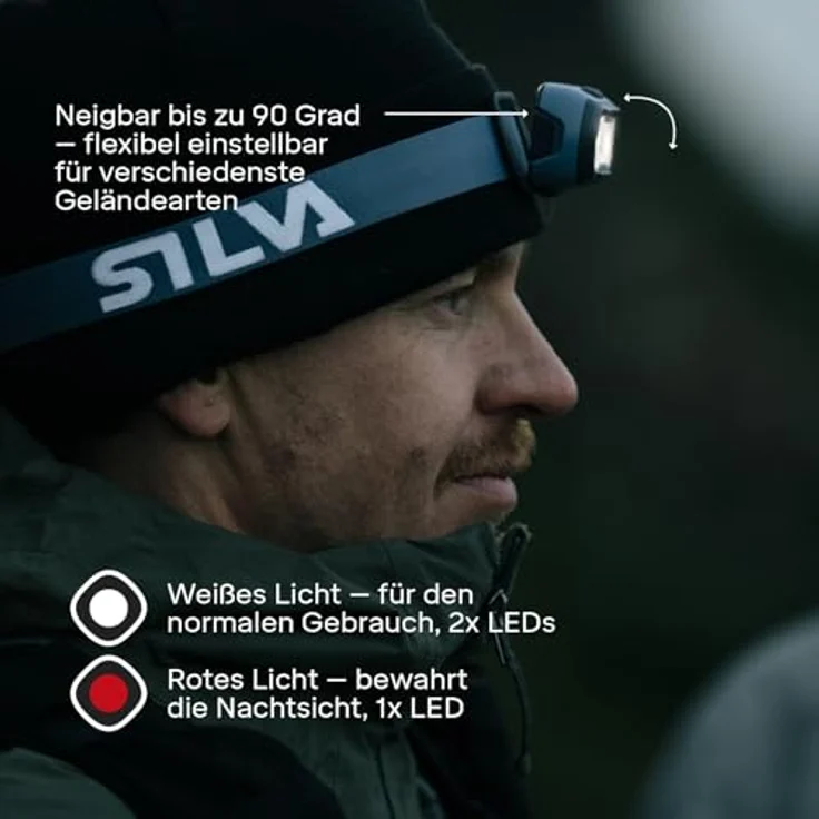 Silva Seek Stirnlampe LED, 420 Lumen, IPX5 wasserfest, 3 Helligkeitsstufen, Rotlicht & Weißes Licht, Betrieb mit 3x AAA-Batterien oder wiederaufladbarem Akku, mit Batterieanzeige – Bild 2