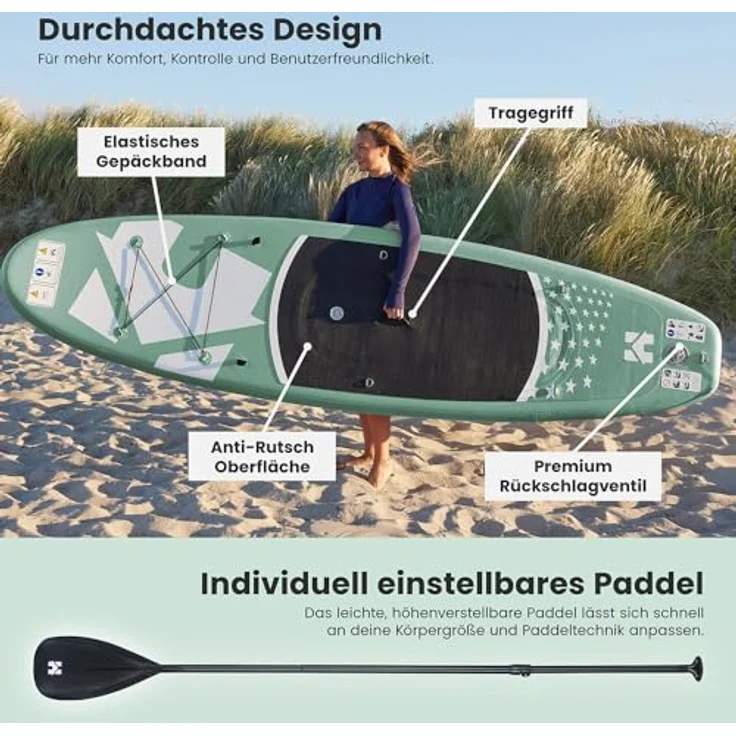 HOME DELUXE Stand Up Paddle Board MOANA, aufblasbares SUP in Mintgrün mit rutschfester Oberfläche und 3-Finnen-System, Größe M – Bild 6