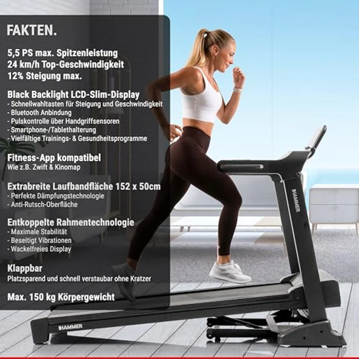 HAMMER Laufband FlyRun 4.0, Klappfunktion, 31 Programme, Zwift & Kinomap kompatibel, LCD-Display, 5,5 PS, 24 km/h – Bild 4