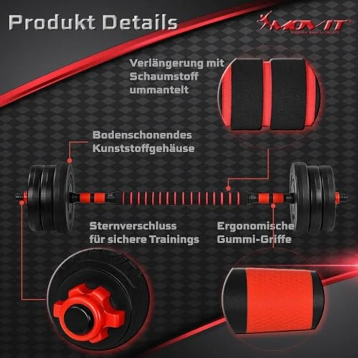 MOVIT 6in1 Hantelset 30 kg rot, Profi Hantel Set mit 2 Kurzhanteln, Kettlebell, Liegestützgriffen und verstellbaren Langhanteln – Bild 6