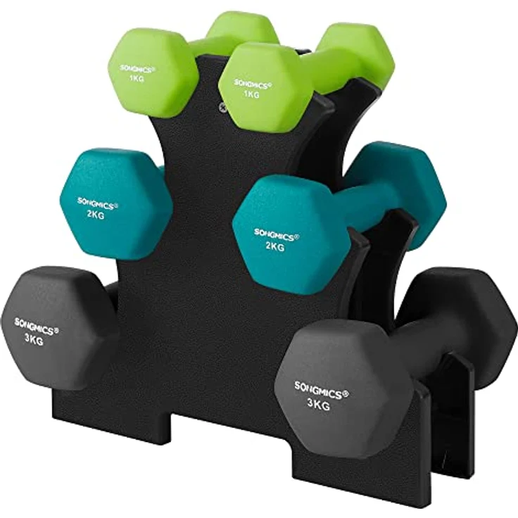 SONGMICS Kurzhantel Set, Hexagon, mit Hantelständer, 2 x 1 kg, 2 x 2 kg, 2 x 3 kg, mattes Finish, Neopren-Beschichtung, Krafttraining, zu Hause, limettengrün, aquamarin und dunkelgrau SYL612G02 – Bild 1