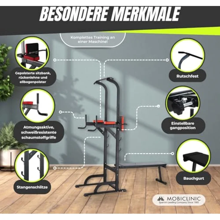 Mobiclinic® Fitness, Krafttrainingsstation, 9 in 1, klappbar, Domifit, verstellbar in 8 Höhen, Klimmzugstange, Liegebank, Langhantelablage, Multifunktion, rutschfest, gepolstert, Stahlgrau – Bild 4