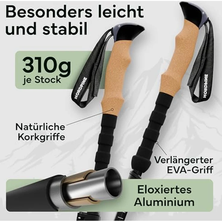 NEOLYMP Faltbare Wanderstöcke aus Carbon & Aluminium, ultraleichte Trekkingstöcke mit Korkgriff, Wolframspitze und Gummipuffer, verstellbar 115-135 cm – Bild 3