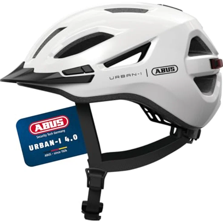 ABUS Stadthelm Urban-I 4.0, Fahrradhelm mit aufladbarem Rücklicht, 2 Leuchtmodi, Schirm, Zopf-Öffnung, magnetischem Verschluss, Größe M, weiß – Bild 1
