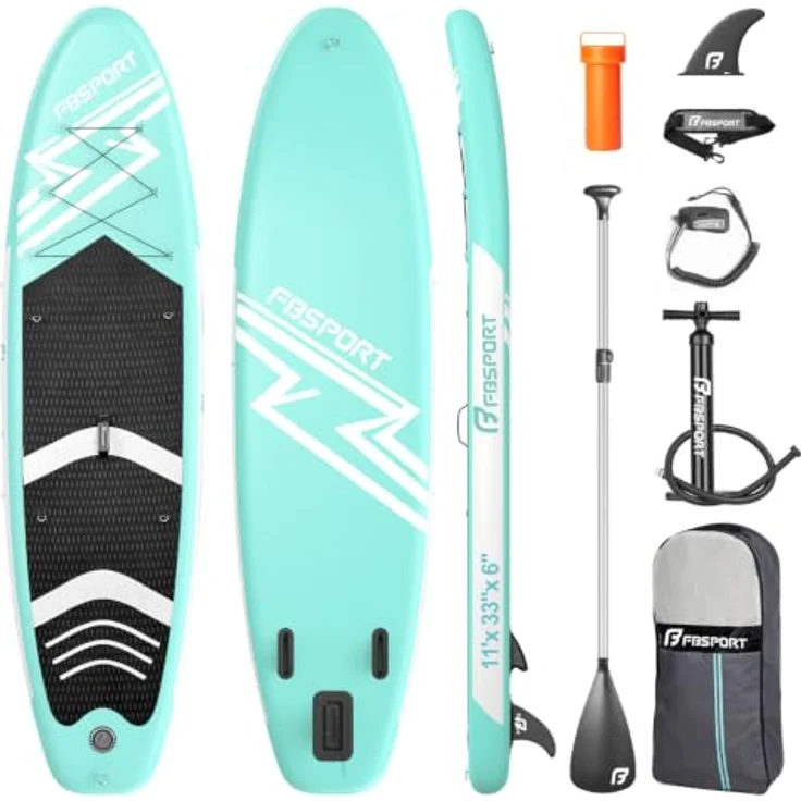 FBSPORT Aufblasbares SUP Board, 15CM dickes Stand Up Paddling Board mit verstellbarem Aluminium Paddel und Pumpe, grün – Bild 1
