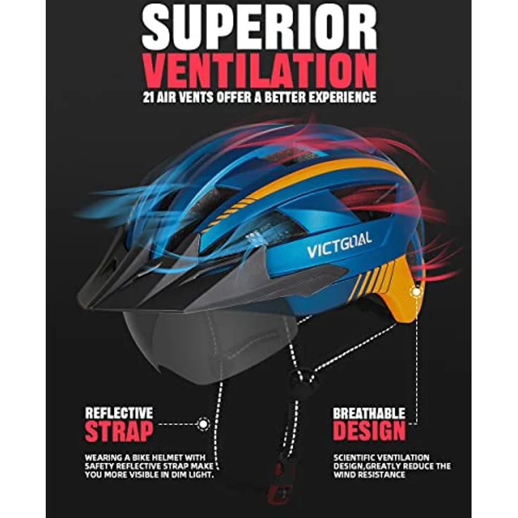 Victgoal VICTGOAL Fahrradhelm MTB, verstellbarer Helm mit abnehmbarer magnetischer Schutzbrille, atmungsaktiv und 21 Belüftungsöffnungen, Größe L (57-61 cm), blau – Bild 3