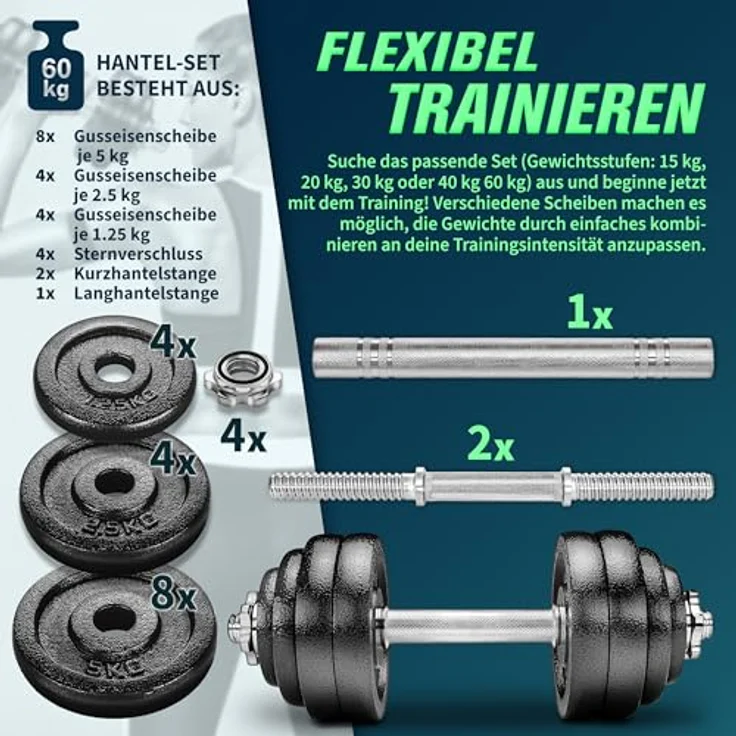 RE:SPORT 2 in 1 Hanteln Set 60 kg, Gusseisen verstellbar, Kurzhantel & Langhantel mit 4 Sicherheitsverschlüssen und Verbindungsrohr – Bild 5
