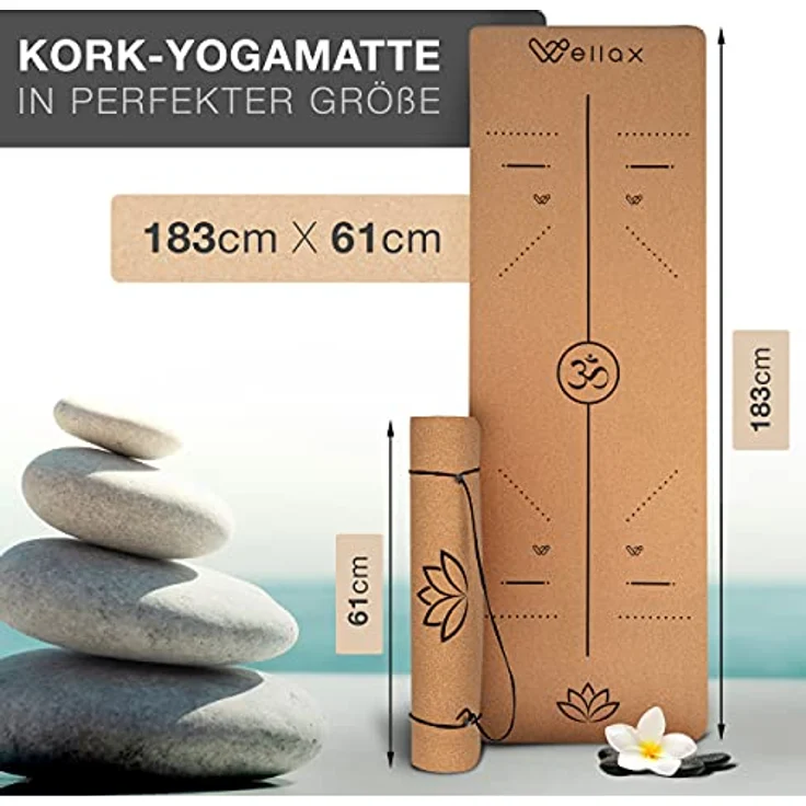 Wellax Yogamatte Kork - 100% natürliche Yogamatte rutschfest [185x66x0,6 cm] - Besonders dick & schadstofffrei - inkl. Tasche – Bild 2