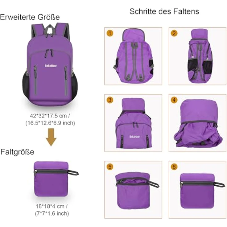 Bekahizar Faltbarer Rucksack 20L, Leichter Outdoor-Wanderrucksack mit Wasserabweisendem Nylon, lila – Bild 3
