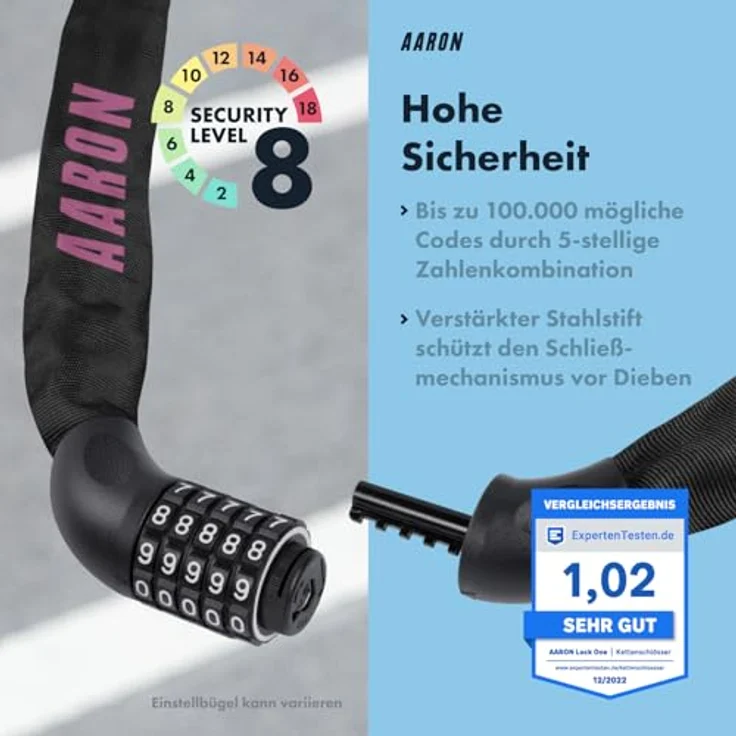AARON Lock One Fahrradschloss, Kettenschloss mit 5-stelligem Zahlencode, Stahl, hoher Sicherheitsstufe, 100 cm, berry – Bild 4