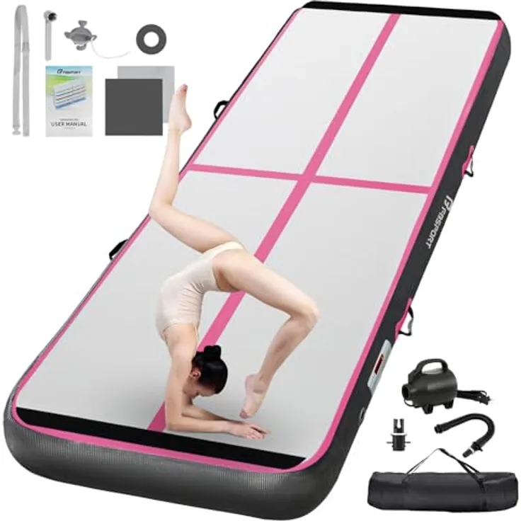 FBSPORT Airtrack Matte 6M, 20cm hohe aufblasbare Gymnastikmatte mit Luftpumpe und Tragetasche für Zuhause und Outdoor, geeignet für Tumbling und Yoga