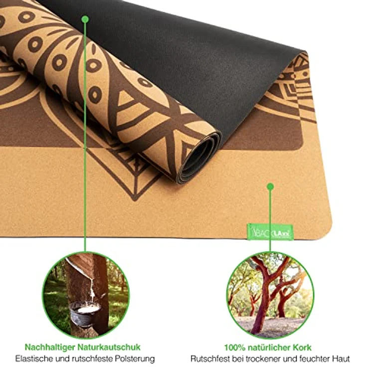 BACKLAxx® Yogamatte Kork mit Naturkautschuk - Yoga Matte nachhaltig, schadstofffrei, Yogamatte rutschfest, Fitnessmatte mit Anti-Rutsch-Zonen inkl. Tragegurt, Turnmatte für Yoga und Matte Sport – Bild 4