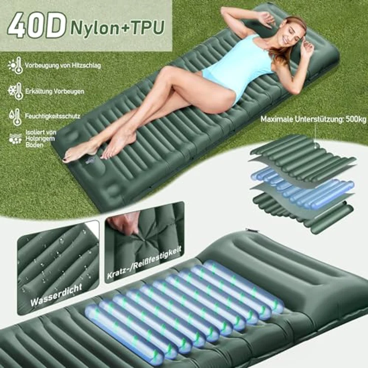 JEMULICE Isomatte Camping, 12CM Ultradicke Luftmatratze mit Fußpumpe, ultraleicht und wasserdicht, kompaktes Packmaß - Armeegrün – Bild 5