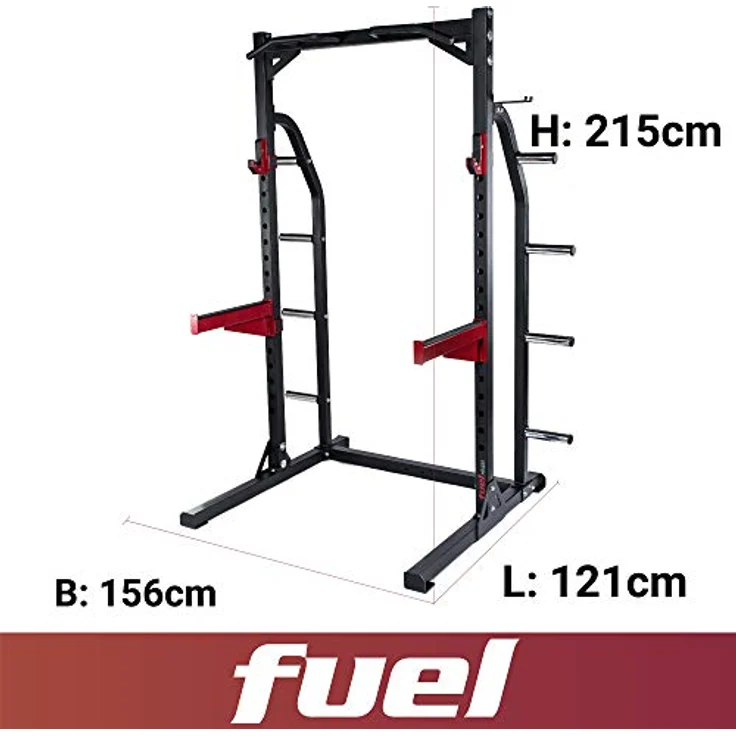 Fuel Fitness Half Cage HR400 Verstellbarer Kniebeugeständer mit Sicherheitsablagen und Hantelscheibenständer, Squat Rack, Kniebeugeständer mit Klimmzugstange, belastbar bis 272kg – Bild 2