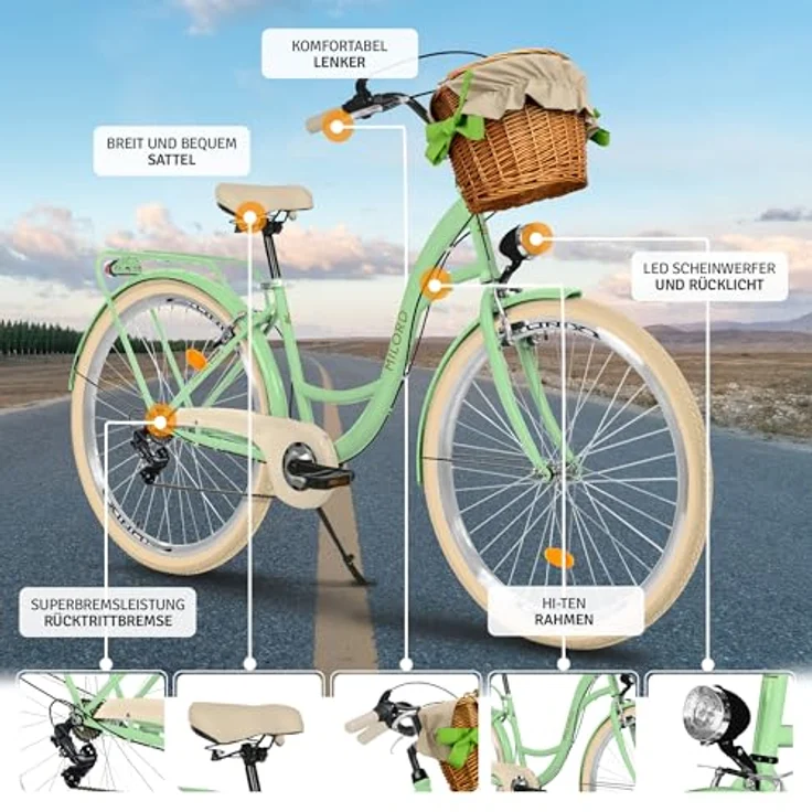 Milordbikes City-Fahrrad, Grün-Creme, 46 cm mit Aluminiumfelgen und hinterem Träger, Freizeit & Sport – Bild 2