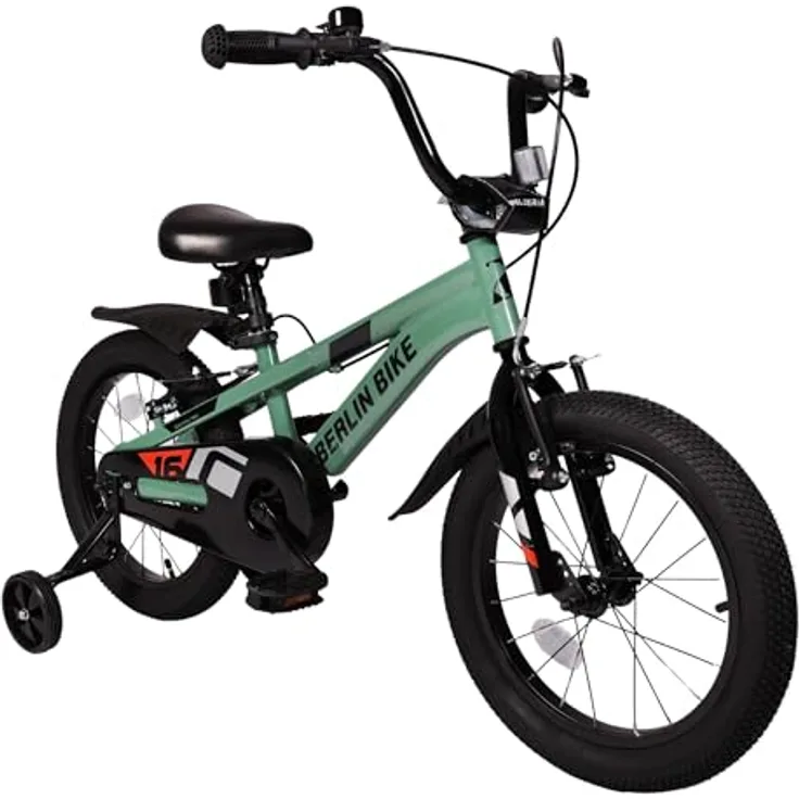 BERLIN BIKE Kinderfahrrad Cross 16 Zoll für Jungen und Mädchen, mit Stützrädern, 1 Gang, grün und rot, Spiele zur Förderung von Balance und Motorik