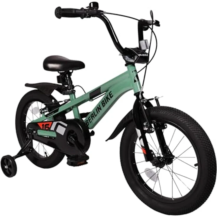 BERLIN BIKE Kinderfahrrad Cross 16 Zoll für Jungen und Mädchen, mit Stützrädern, 1 Gang, grün und rot, Spiele zur Förderung von Balance und Motorik – Bild 1