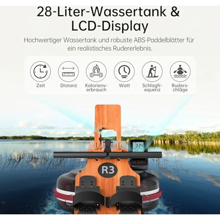 JASPORT R3 Faltbares Rudergerät aus Eichenholz, mit Bluetooth-fähigem LCD-Display, 28L Wassertank, belastbar bis 150 kg, ergonomischer Sitz, verstellbarer Tablethalter, kompatibel mit Kinomap – Bild 3
