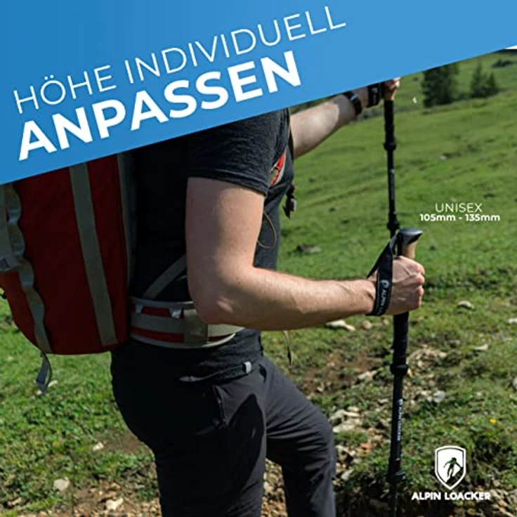 ALPIN LOACKER Teleskop Wanderstöcke Carbon, ultraleichte Nordic Walking Stöcke mit Korkgriff, verstellbar von 105 bis 135 cm, inkl. Zubehör und Transporttasche – Bild 4