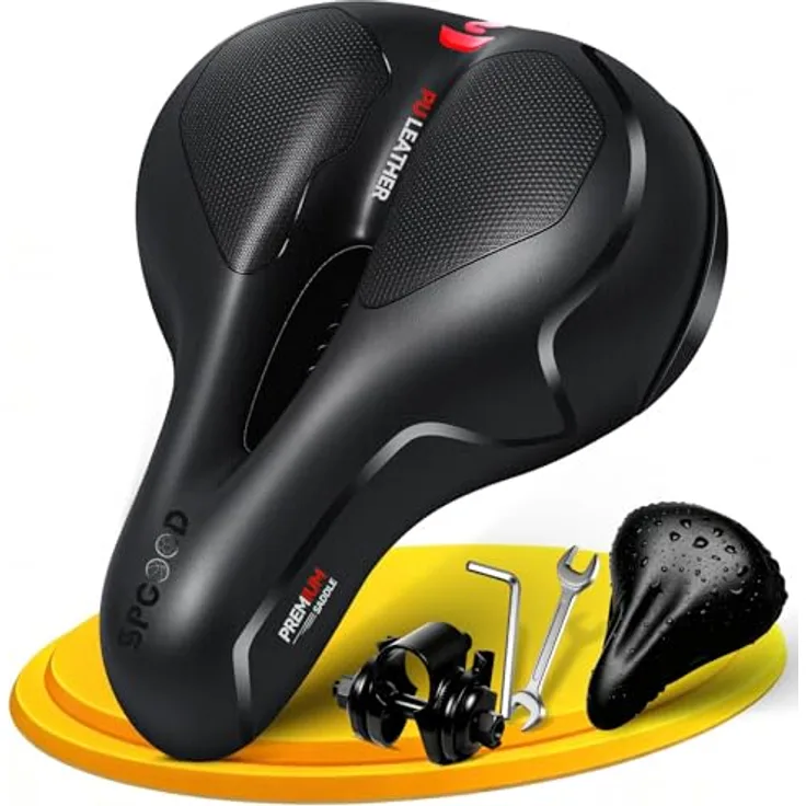 SPGOOD Fahrradsattel, Bequem Weich Memory Foam mit Wasserdichtem Kunstleder, Ergonomisches Hohldesign und Reflektierendem Gurtdesign