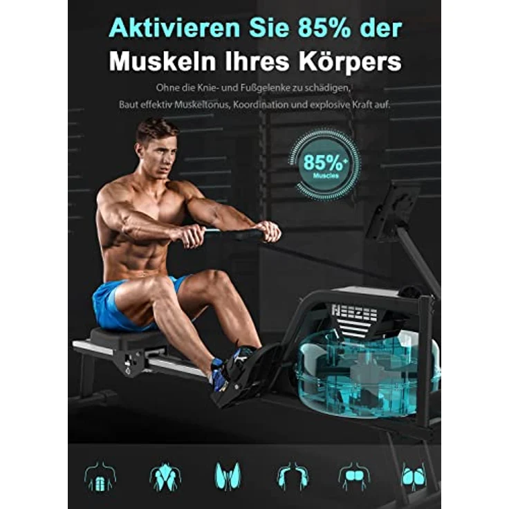 Neezee Rudergerät für zuhause, Rudergerät Wasser mit Edelstahlschiene, Rudergerät mit Tabletständer, Wasserwiderstand und LCD Display Rudermaschine – Bild 3