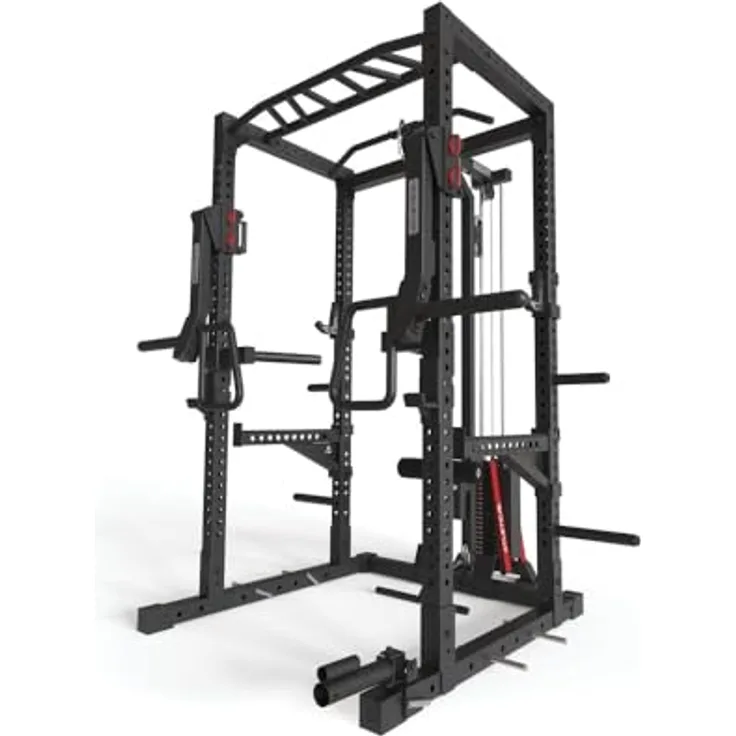Atletica R7-Stryker Power Rack | 90kg oder 120kg. Latzug-/Ruderstation, Jammer und Spotter Arme, Dip-Station, J-Hooks, Landmine, Weight Pins, Band Pegs, 219cm Höhe
