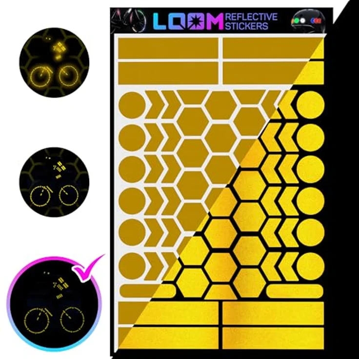 LOOM Fahrrad Reflektoren Aufkleber Set, 67 Stück Engineer Gelb, German Oralite Qualität, 100% wasserdicht, ideal für Helm, Auto und Anhänger – Bild 1