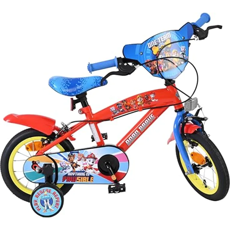 Volare Paw Patrol Kinderfahrrad 12", rot mit Chase, Marshall & Skye, für 3–5 Jahre, Hand- & Rücktrittbremse, abnehmbare Stützräder, Kettenschutz, verstellbarer Sattel, sicherer Fahrspaß