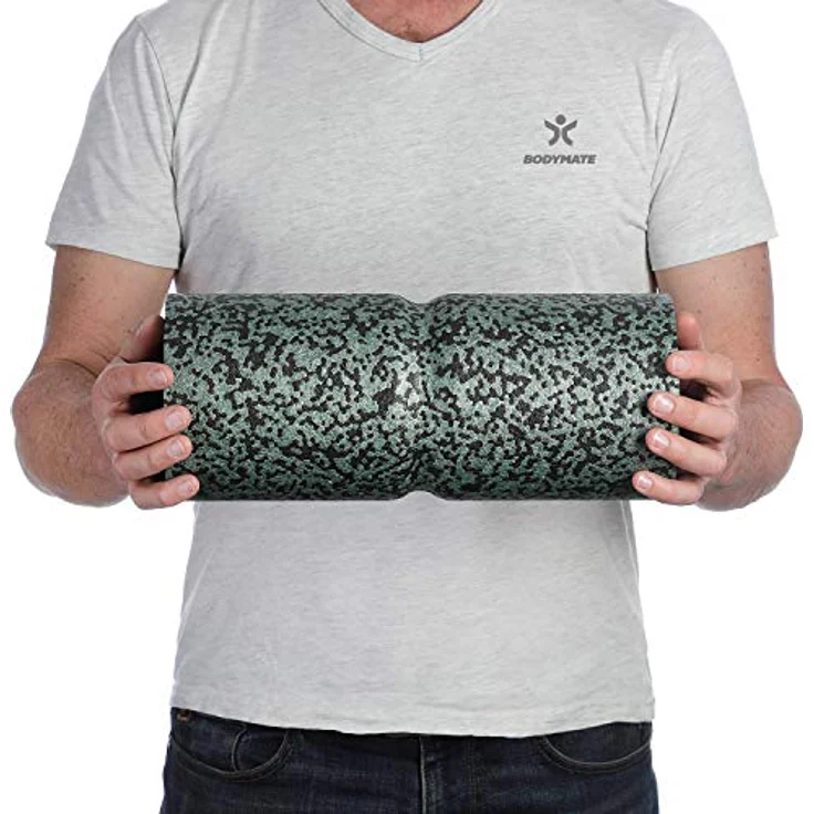 BODYMATE Faszienrolle CARE, mittel-hart mit umlaufender Rille zur Wirbelsäulen-Entlastung und E-Book, Schwarz/Midnight-Green, 35x14cm – Bild 3