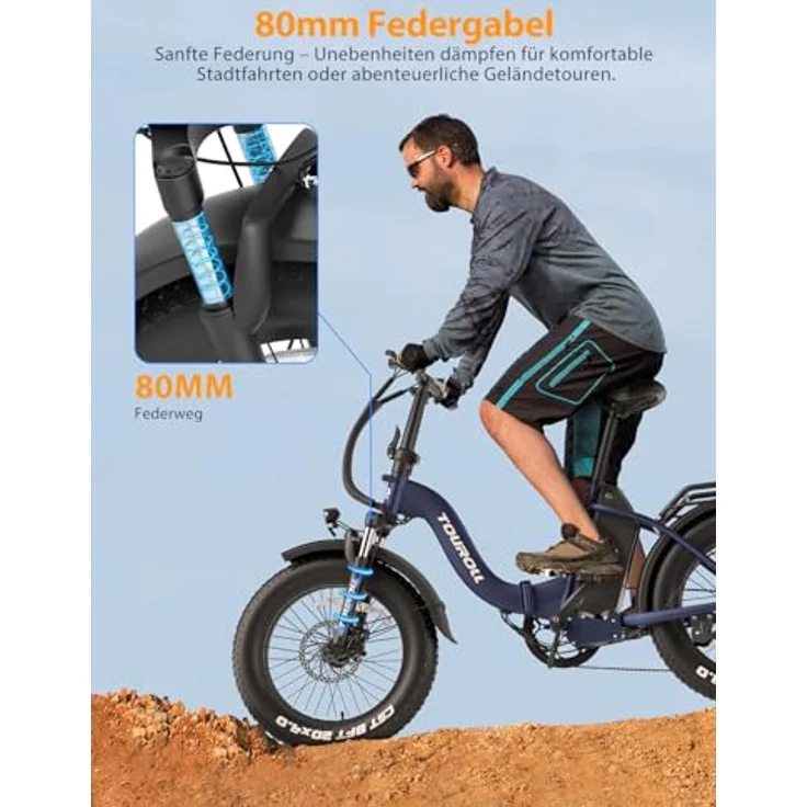 Touroll S2 E-Bike Klapprad, 20'' Fat Tire, 48V 720Wh Akku, bis 150 km Reichweite, 250W Motor, 7-Gang-Schaltung, für Herren und Damen, All-Terrain, klappbar – Bild 5