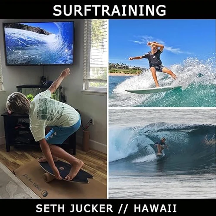 JUCKER HAWAII Balanceboard Ocean Rocker Blue - Geschwungenes Indoor Surf Balance Board mit Rocker Shape - Balanceboard und Trickboard mit Korkrolle und Matte – Bild 4