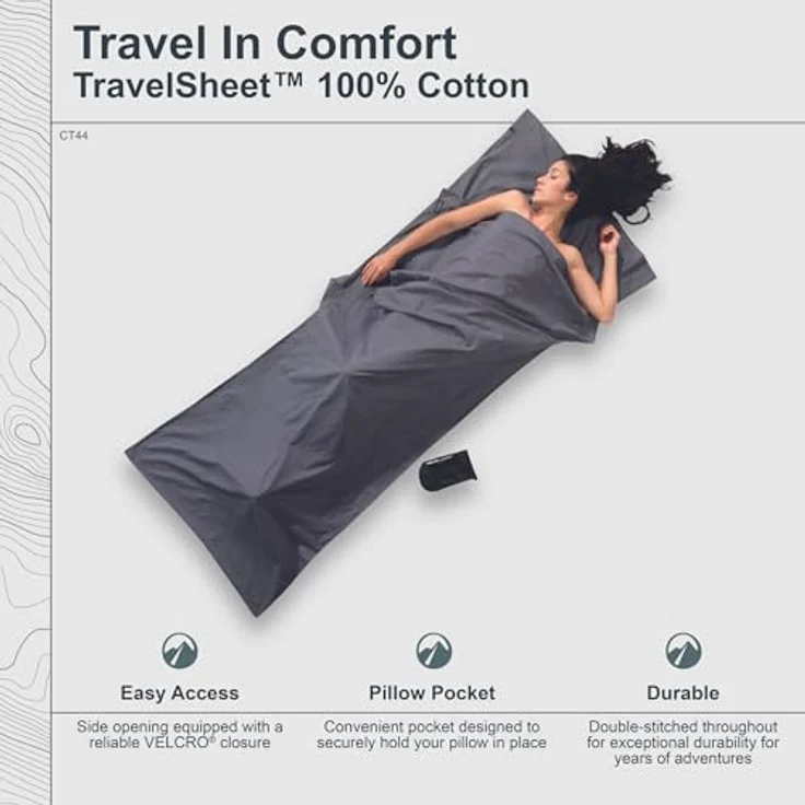 Cocoon TravelSheet, Schlafsack (220 cm), leicht und atmungsaktiv, mit Kissenfach und Klettverschluss, für warme Klimazonen – Bild 2