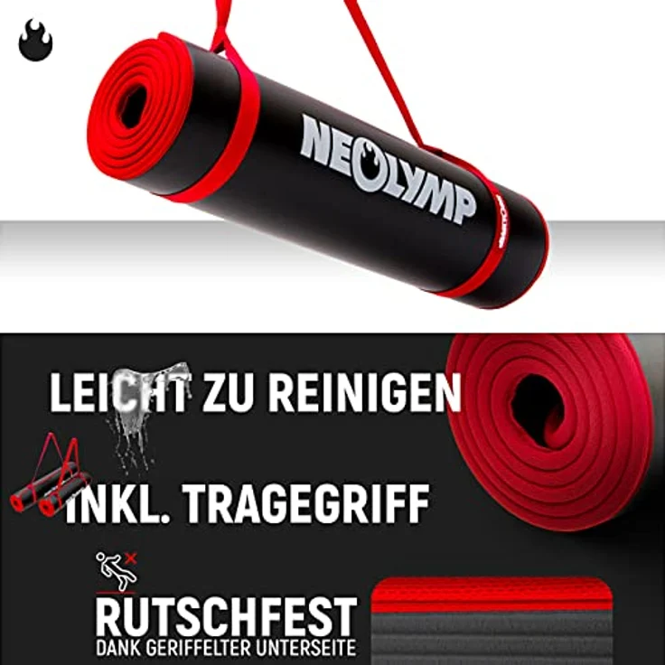 NEOLYMP Fitnessmatte 183x61 cm, extra dick und rutschfest, gelenkschonend, schalldämpfend mit Tragegurt, rote Stoffkanten – Bild 6