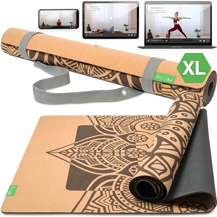 BACKLAXX ® Yogamatte Kork XXL mit Naturkautschuk - Yoga Matte nachhaltig, rutschfest, inkl. (ERLEUCHTUNG - XL) - Preisvergleich – Bild 1