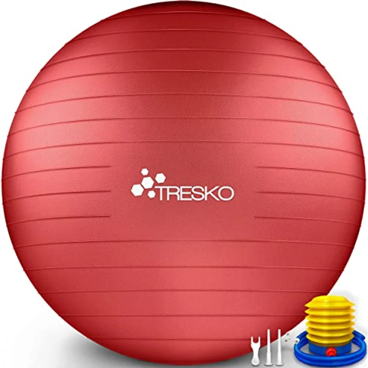 TRESKO Gymnastikball mit GRATIS Übungsposter inkl. Luftpumpe - Yogaball BPA-Frei | Sitzball Büro | Anti-Burst | 300 kg,Rot,75cm (für Körpergröße 175 - 185cm) – Bild 1