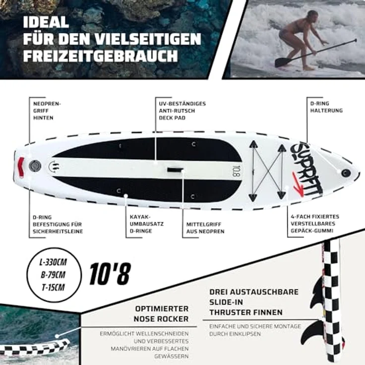 SF SUPRFIT Inflatable SUP-Board Funny Stickers, Touring Board in Weiß, All-In-One Set mit Anti-Rutsch Deckpad, belastbares Material, 330 x 79 x 15 cm – Bild 3