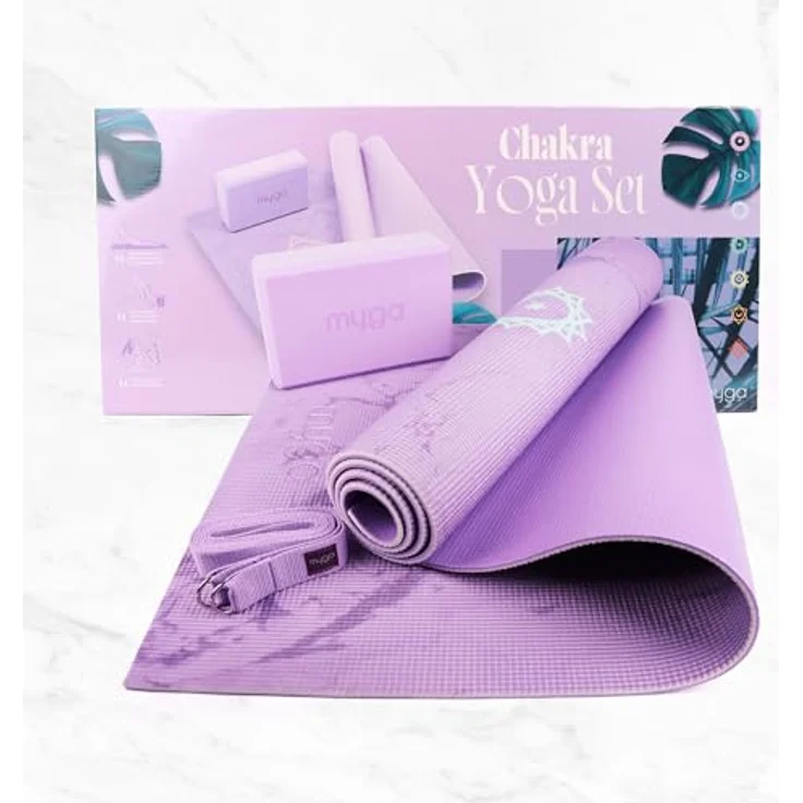 Myga Yoga Starter Kit, Komplettes Set mit rutschfester Yogamatte, Yogablock & Gurt, fliederfarbenes Chakra Design, ideal für Anfänger & unterwegs – Bild 2