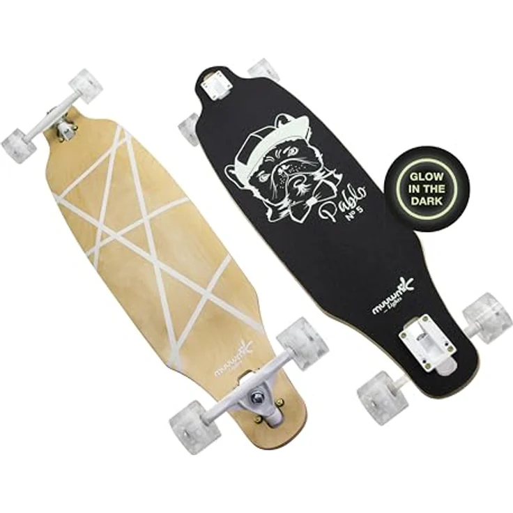 muuwmi Longboard Glow Pablo, LED-Rollen, ABEC 7, Deck 97x23 cm, 7 Zoll Aluminium Trucks, 65x51 mm Rollen, GLOW in the DARK Design – Bild 5