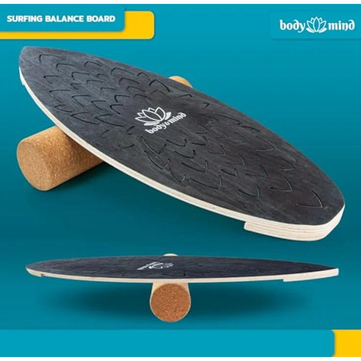 Body & Mind Balanceboard Wackelbrett für Physiotherapie und Surf-Training, Holz 78x30 cm mit Korkrolle, inkl. gratis E-Book – Bild 4