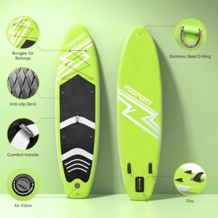 FBSPORT Aufblasbares SUP Board, 15CM dickes Stand Up Paddling Board mit verstellbarem Aluminium Paddel und Pumpe, FruitGreen – Bild 3
