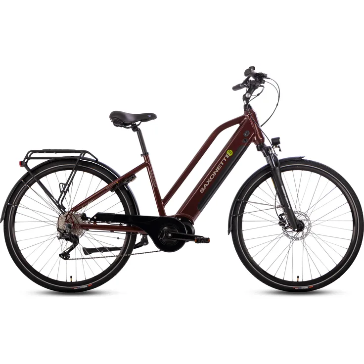 SAXONETTE Premium Sport Trapez 28" E-Bike, Elektrofahrrad mit 10-Gang Shimano Deore, Mittelmotor 90Nm, 522Wh Akku, RH45, bordeaux