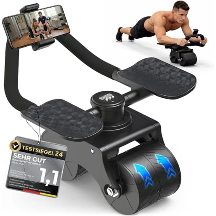 NEOLYMP Bauchroller – Patentierter Bauchtrainer mit Unterarm-Auflagepads, extra breiter Stabilität, 5 Einstellstufen für gerade & seitliche Rollouts, integrierte Handyhalterung – Bild 1