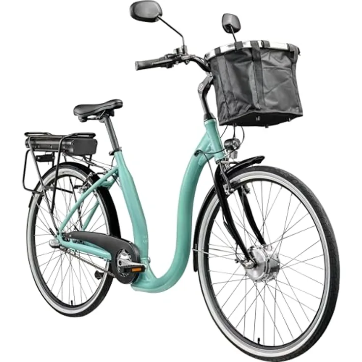 Tretwerk Linea E-Bike, 28 Zoll Tiefeinsteiger Damen Fahrrad mit 250W Nabenmotor, 95 km Reichweite, grün