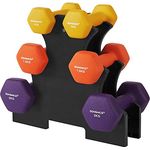 SONGMICS Kurzhantel Set, Hexagon, mit Hantelständer, 2 x 1 kg, 2 x 1,5 kg, 2 x 2 kg, mattes Finish, Neopren-Beschichtung, Krafttraining, zu Hause, gelb, orange und lila SYL69BK