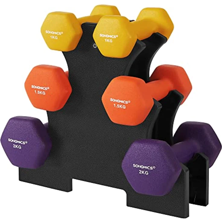 SONGMICS Kurzhantel Set, Hexagon, mit Hantelständer, 2 x 1 kg, 2 x 1,5 kg, 2 x 2 kg, mattes Finish, Neopren-Beschichtung, Krafttraining, zu Hause, gelb, orange und lila SYL69BK – Bild 1